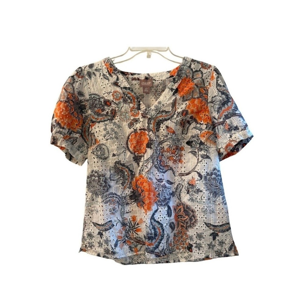 Chicos Eyelet Cotton Blouse Womens Floral Paisley V-Neck Top Size Small‎